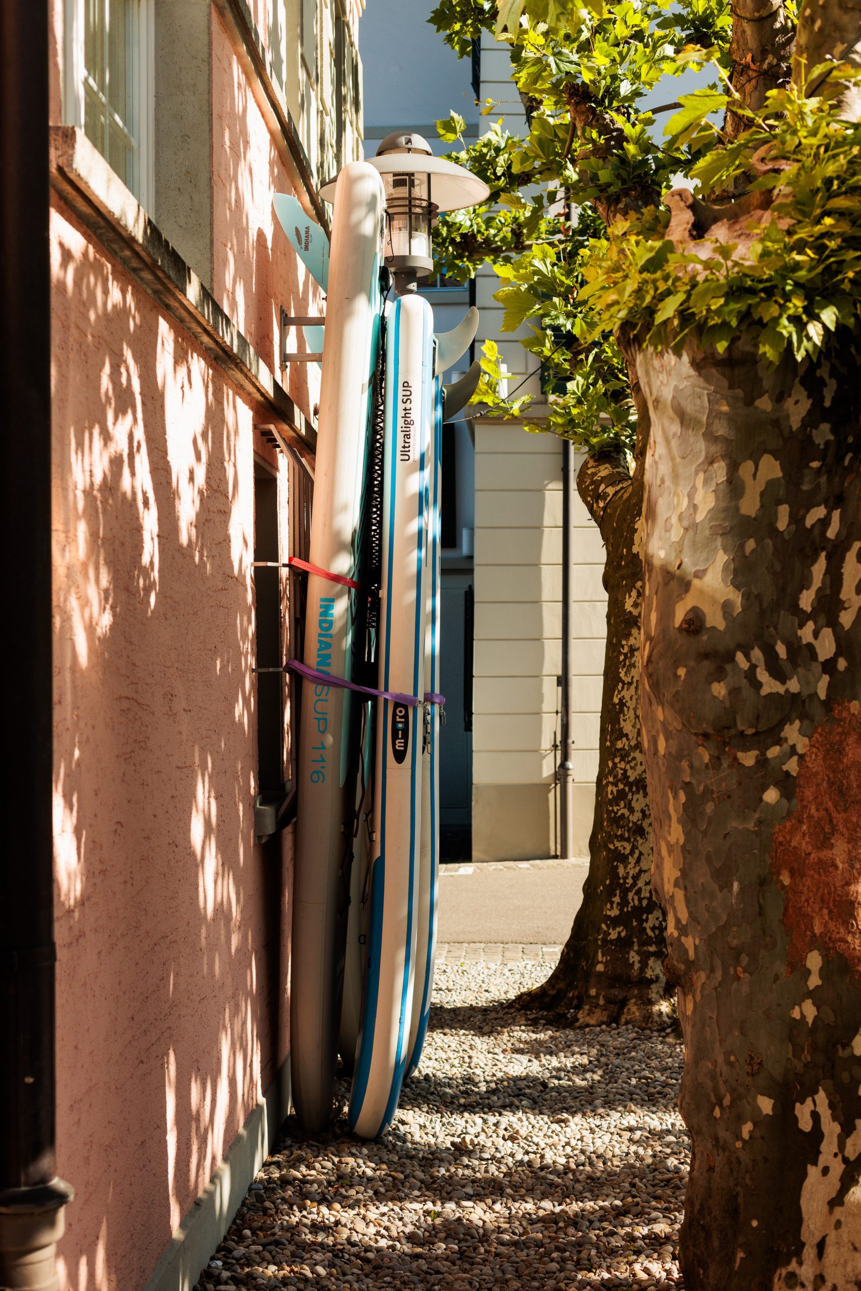 Drei Stand-up-Paddleboards stehen aufrecht an einer rosafarbenen Hauswand in einer schmalen Gasse neben einem Baum, wobei das Sonnenlicht Schatten auf die Szene wirft.